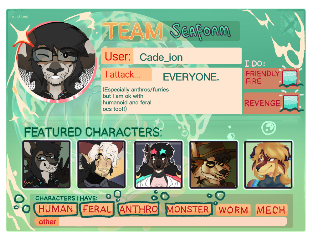 my profile card for art fight 2024 showing my team, seafoam, and a selection of featured characters