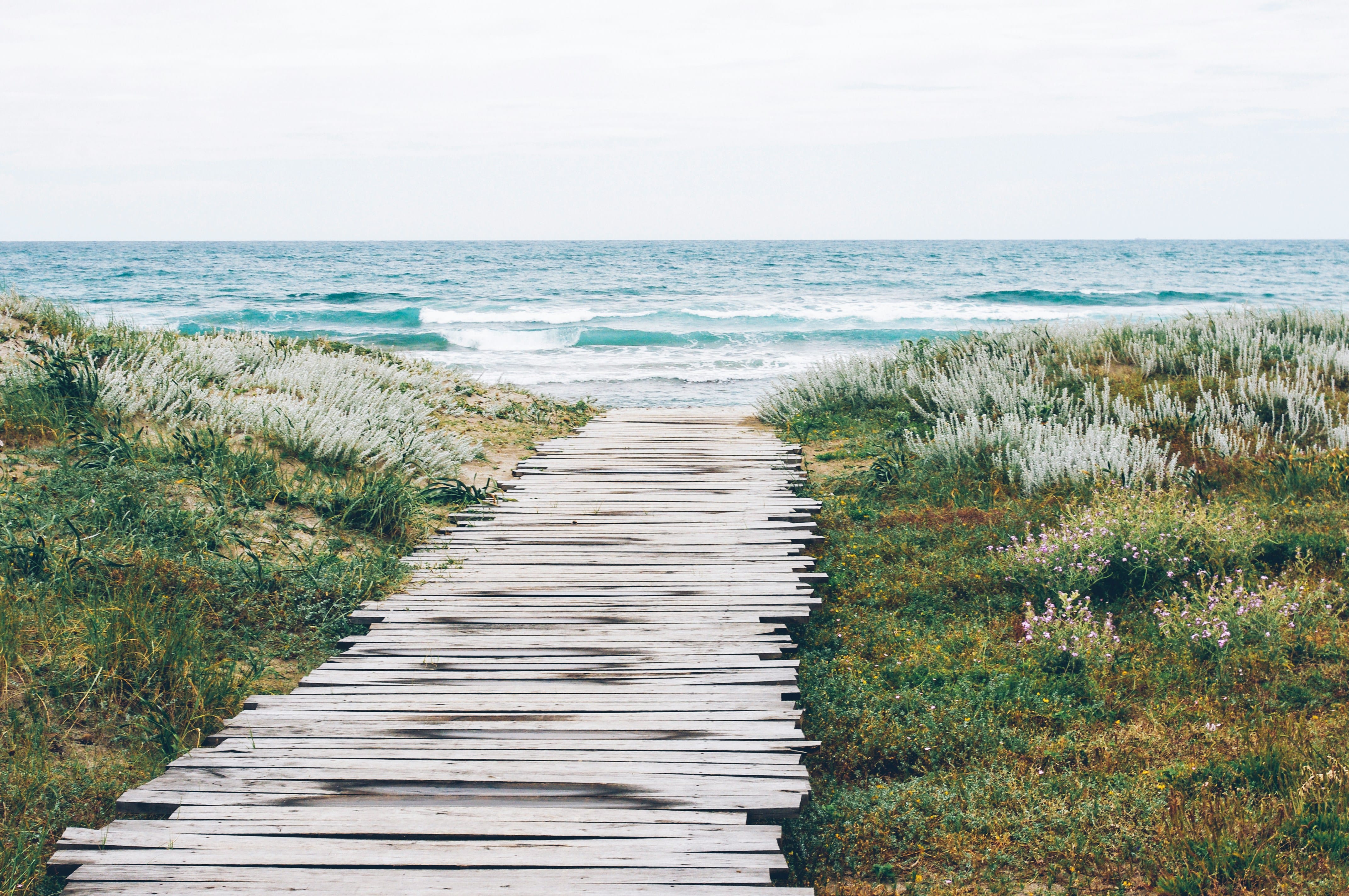 a photo of a simple wooden boardwalk leading to the coast of a beach on a cloudy day