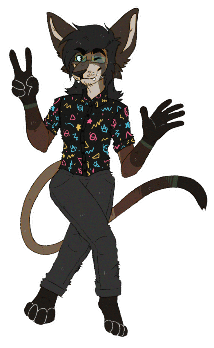 a drawing of a brown and cream colored cat with black hair in a patterned button up holding up a peace sign