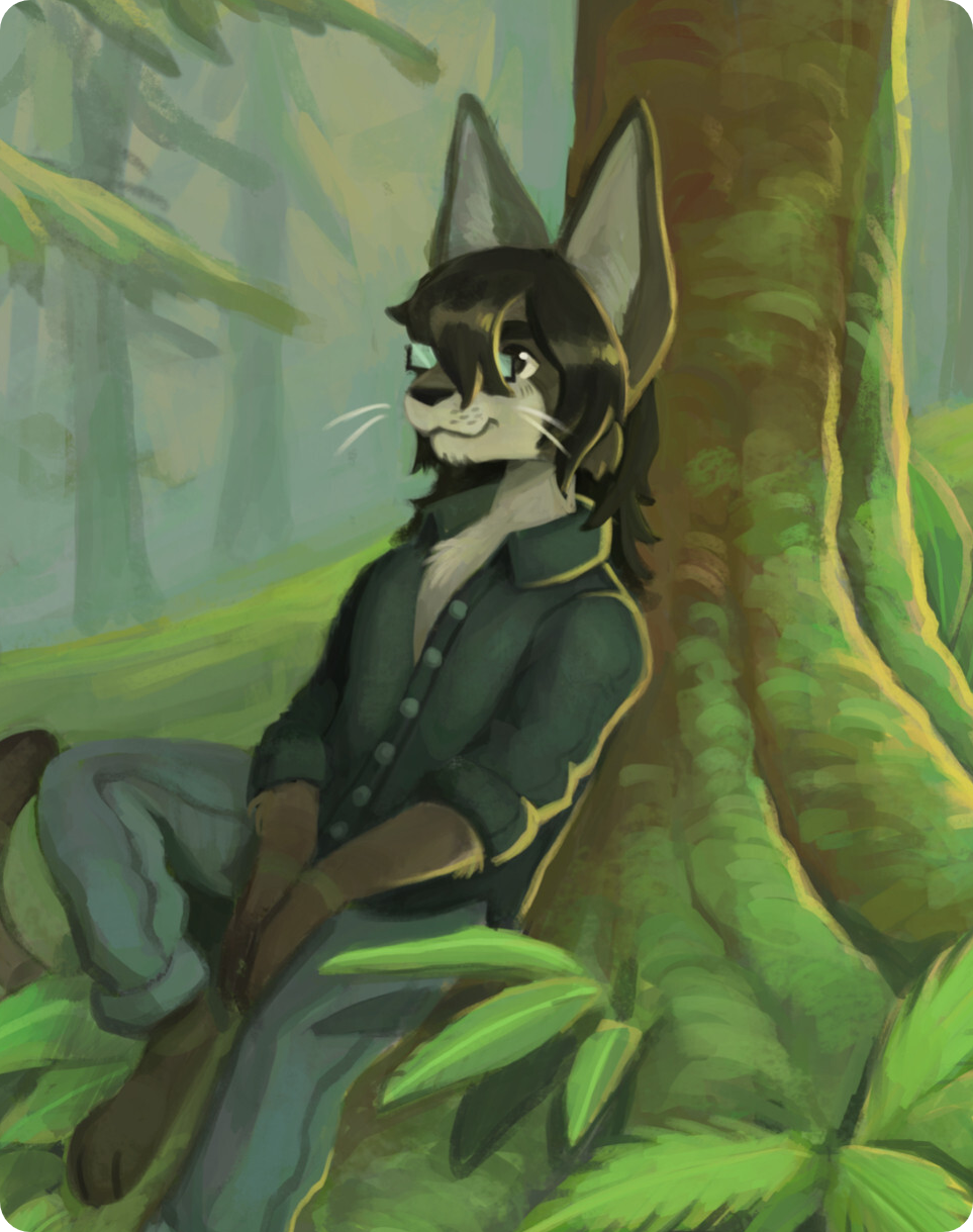 A fullbody painting of a brown and cream colored oriental short hair fursona with medium length black hair and glasses wearing a black button up and grey pants sitting in a forest