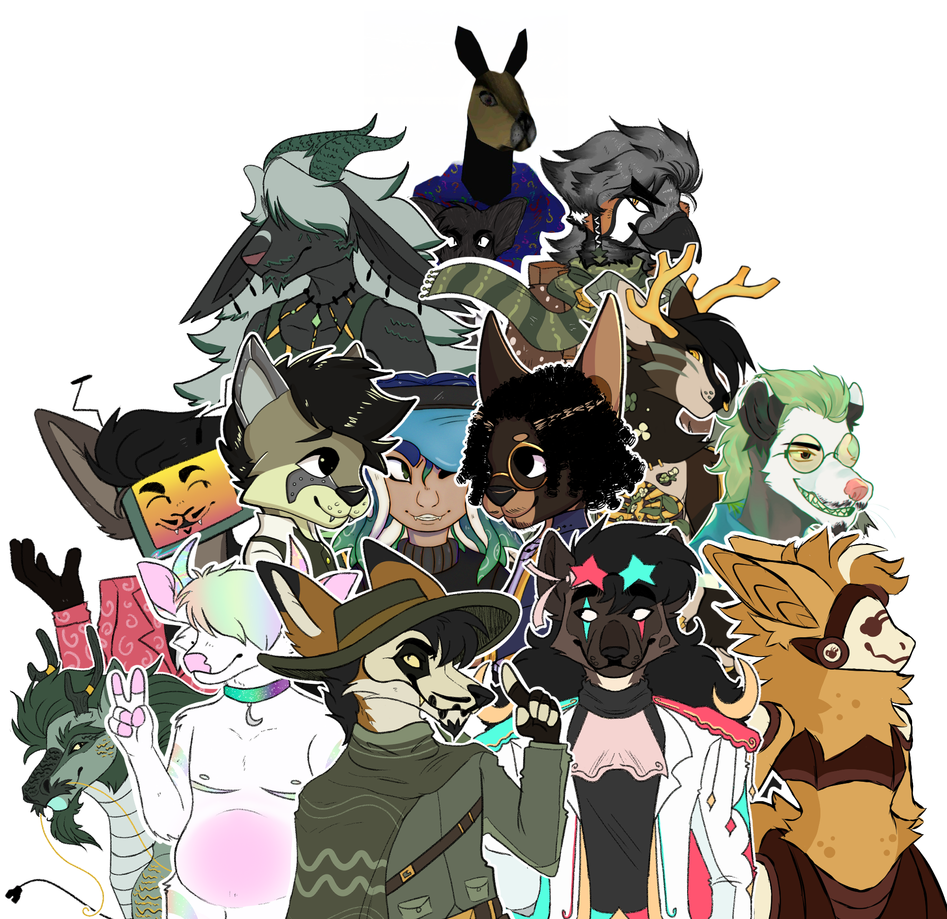 A collage of 8 different halfbody drawings featuring a maned wolf in a widebrimmed hat, a white and rainbow highland cow, a natural colored canine with wings, a natural colored steampunk themed coyote, a octoling with green and blue tenticale hair, a tv head with cat like features, a kanagroo in a button up, and an anthro zebra finch