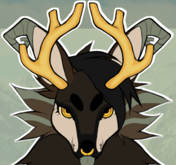 A drawing of a brown, green, and cream colored canine with a gold nose ring, short black hair, green stripes, and gold antlers