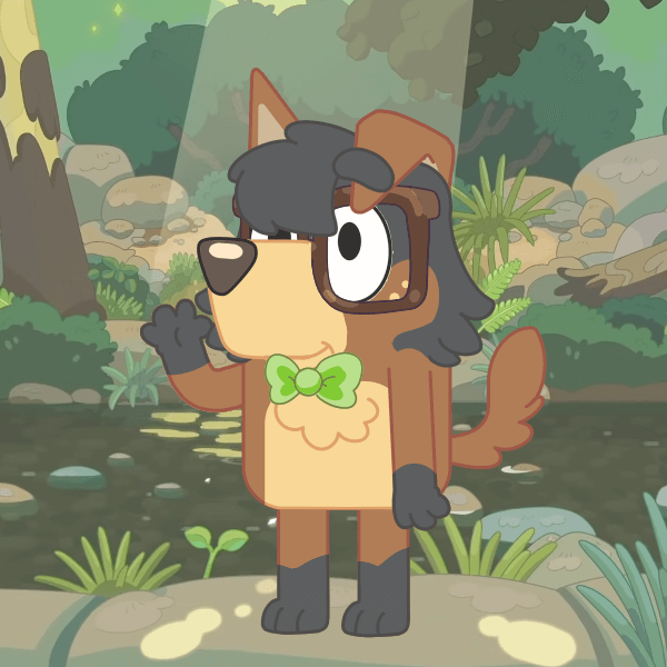A drawing of a brown, black, and cream colored dog with a flopped ear, square glasses, freckles, black bangs, and a green bowtie standing in a creek
