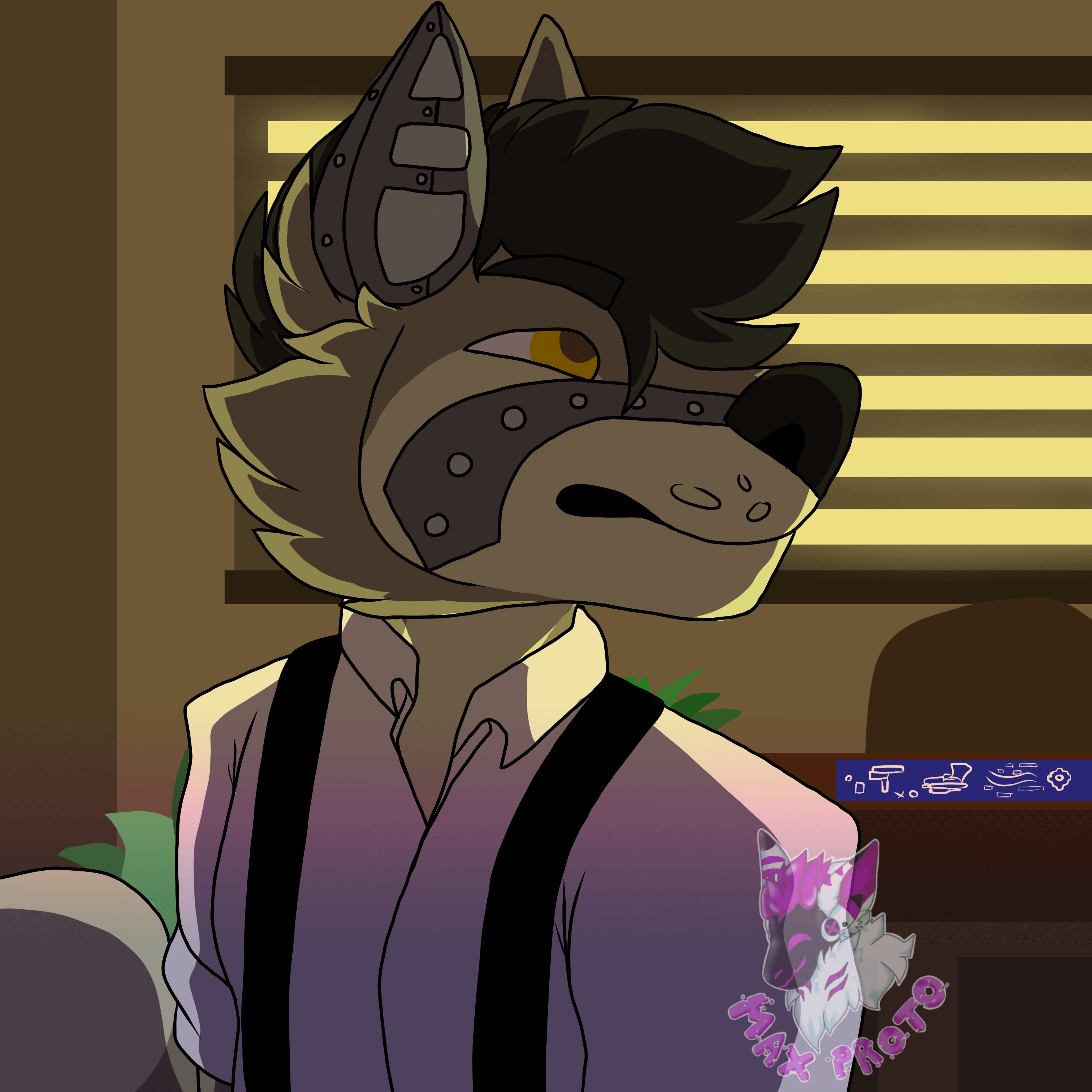 A drawing of a light brown and cream colored coyote with short black hair, a mechanical ear, metal on his muzzle, and wearing a white button up with black suspenders in a dark office