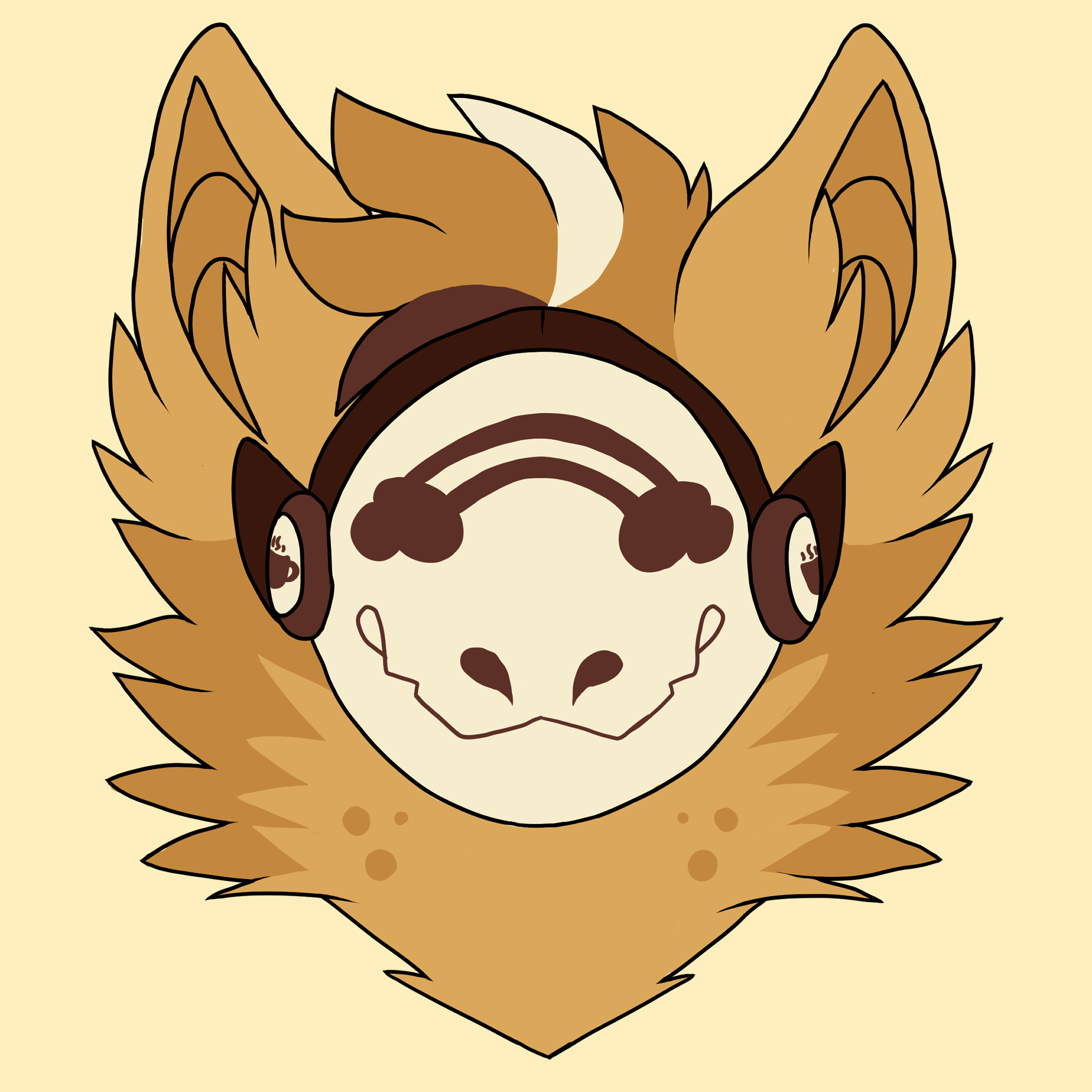 A drawing of a light brown protogen with a cream colored visor with coffe cups on the side of the visor and a white and dark brown streak in his hair