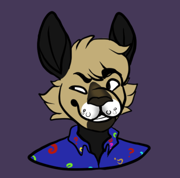 A drawing of a brown and cream kangaroo wearing a question mark patterned blue buttonup