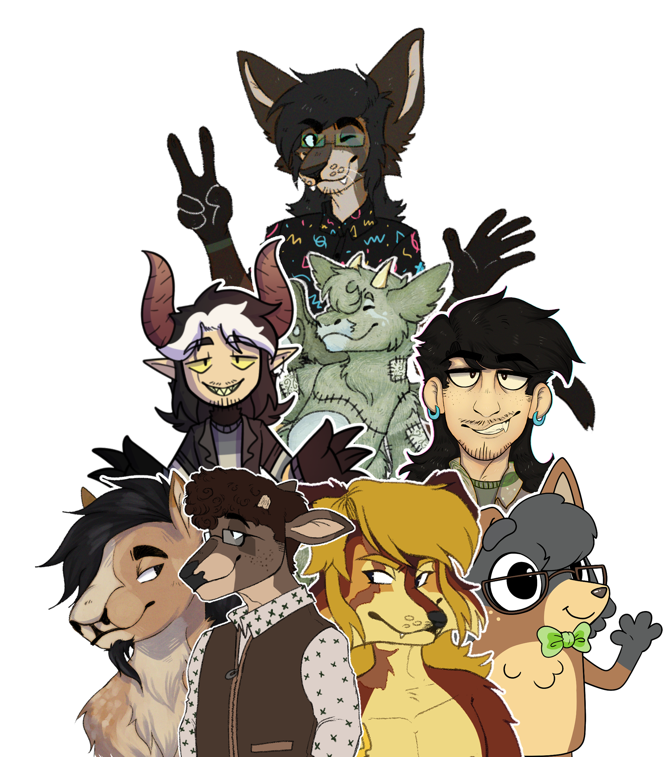 A collage of 4 different bust drawings featuring a cat in a button up, a person in a tan and green button up, a opossum in a hawaiian shirt and a demon with pointed ears