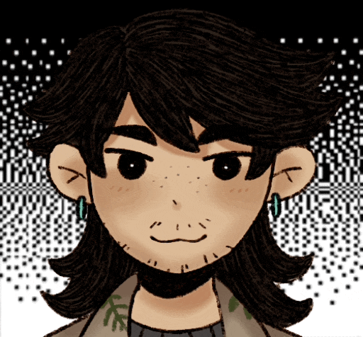 A gif of a white person with mid length black hair, a faint moustache and stubble, in a tan and green plan themed button up with blue earings with a happy expression