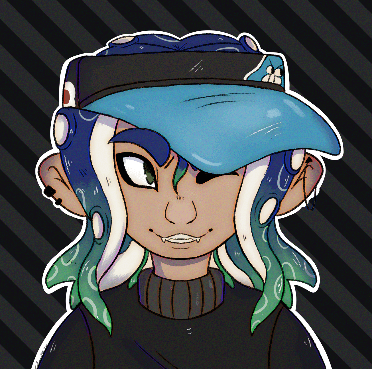 A drawing of a white skinned octoling with blue and green tentacales, a black and blue visor hat, and a black turtle neck