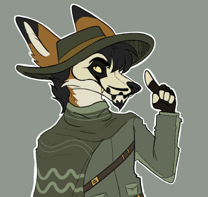 A drawing of orange and cream manned wolf with a skeletal face, yellow eyes, a moustache and goatee, a black mane with bangs, a green wide brimmed hat, a green button up shirt, and a green stripped cloak on his shoulder