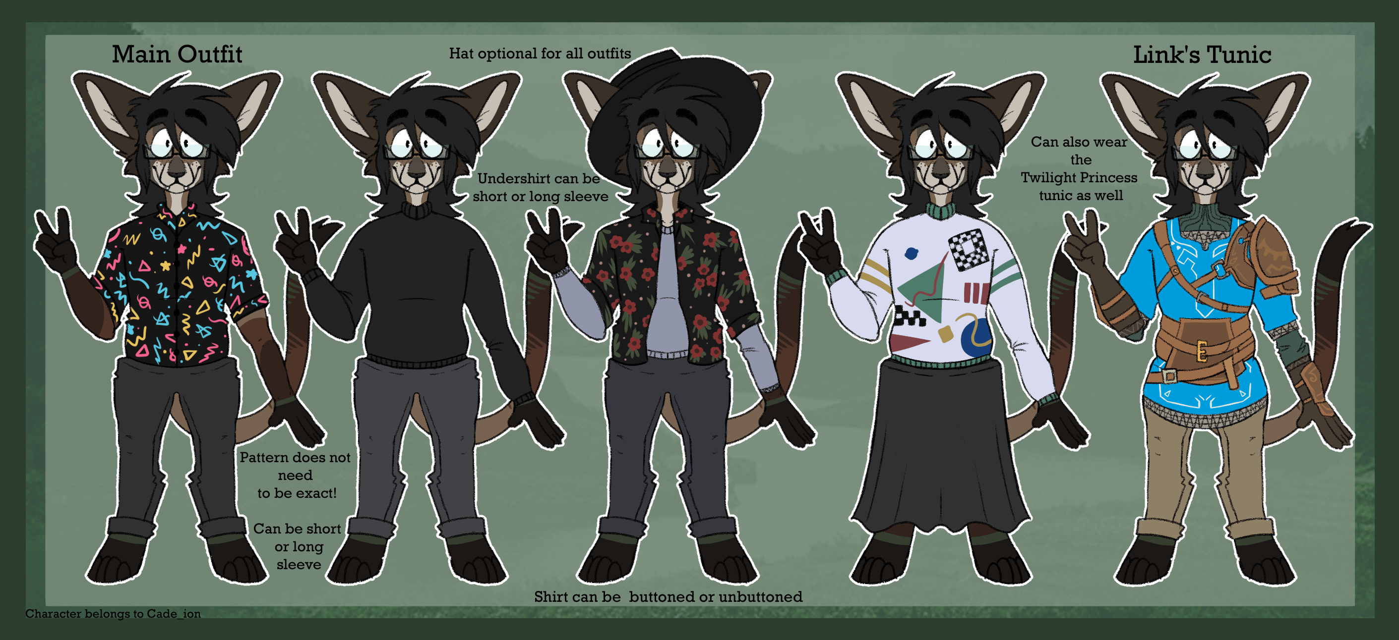a reference sheet of an anthropomorphic cat a reference sheet of an anthropomorphic natural colored cat with long black hair in several outfits including a patterned button up, dark grey sweater, white retro sweater with grey skirt, floral print button up with widebrimmed hat, and a blue and white tunic