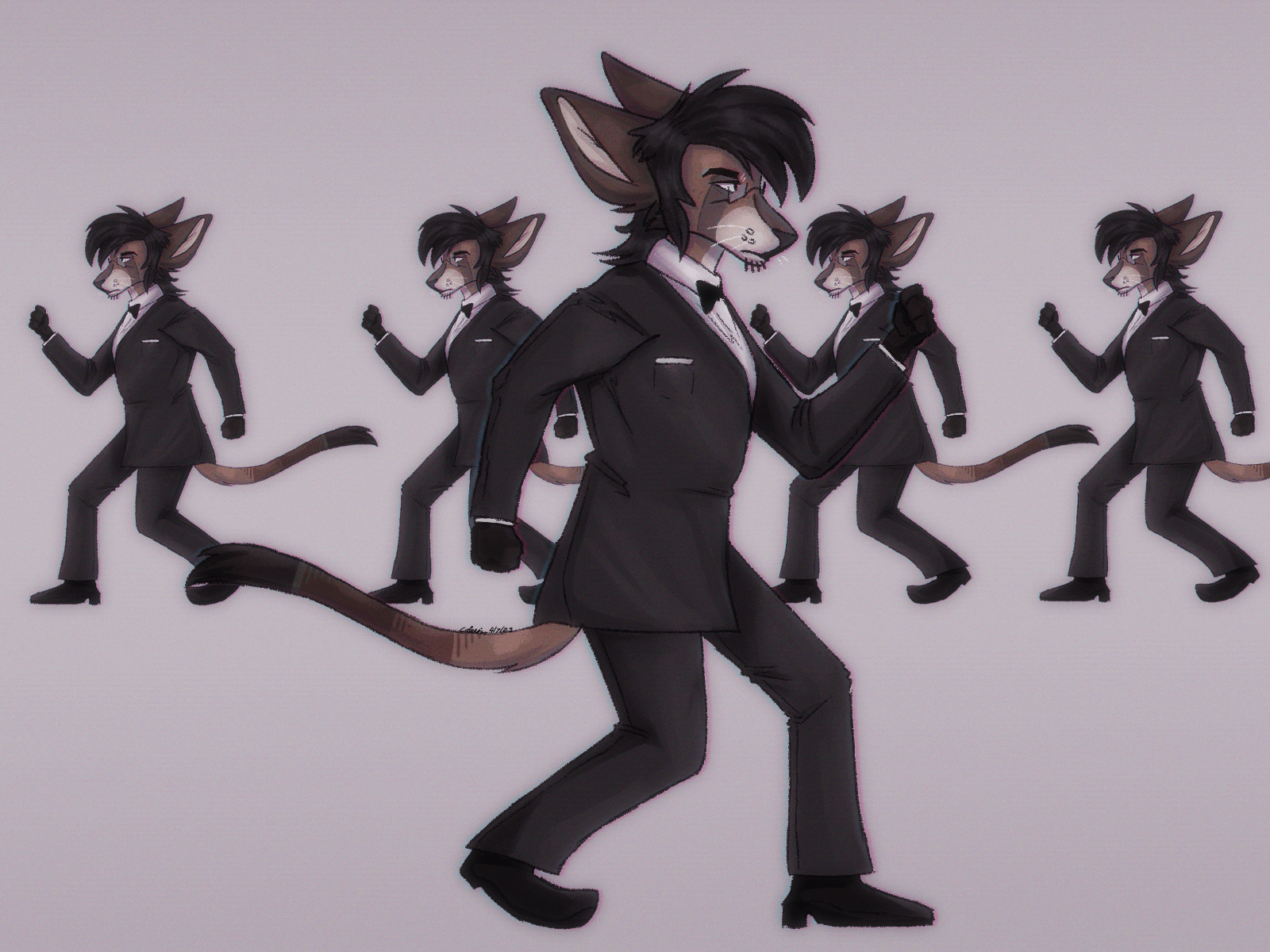 A drawing of an anthropomorphic brown and cream cat with long black hair wearing a black suit walking in one direction while 4 mirrored versions of himself walk in the opposite direction