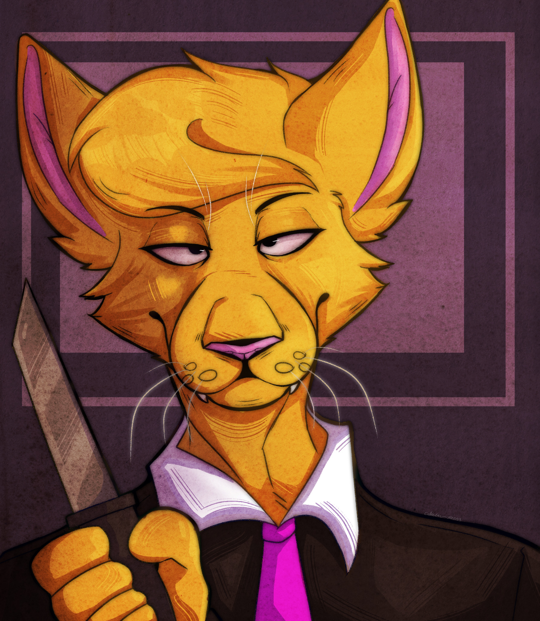 A drawing of an yellow cat in a tuxedo with a pink tie holding up a knife and facing foward