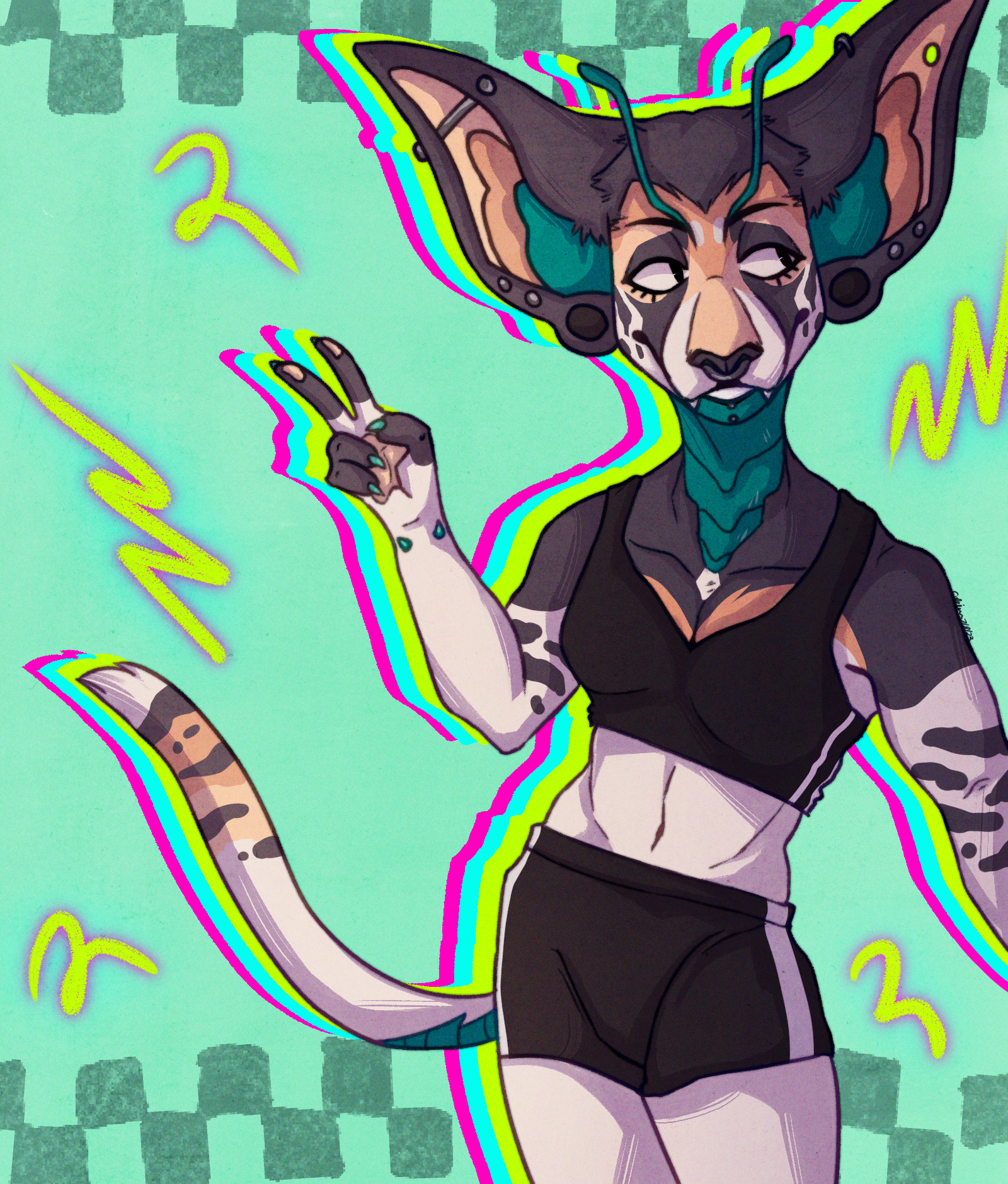 A drawing of an anthropomorphic feline with white and grey markings, large ears, and blue green bug antena; They are wearing a sports bra and shorts and are holding up a peace sign