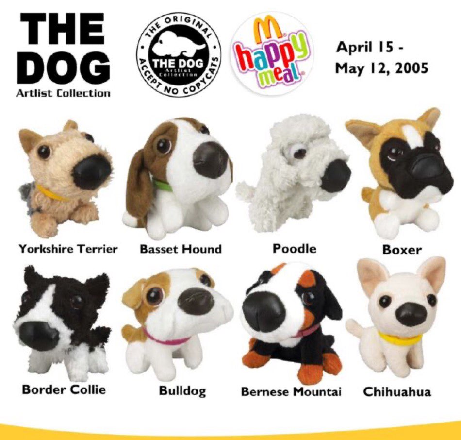 A photo showcasing the variety of dog plushes based on photos from the dog company for mc donalds happy meals