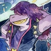 official artork of Susie's dark world design from deltarune