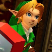 a screenshot of link from ocarina of time on a brown background