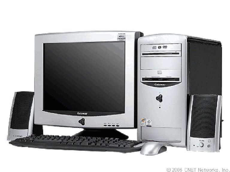 a photo of a black 2000's PC with monitor and speakers