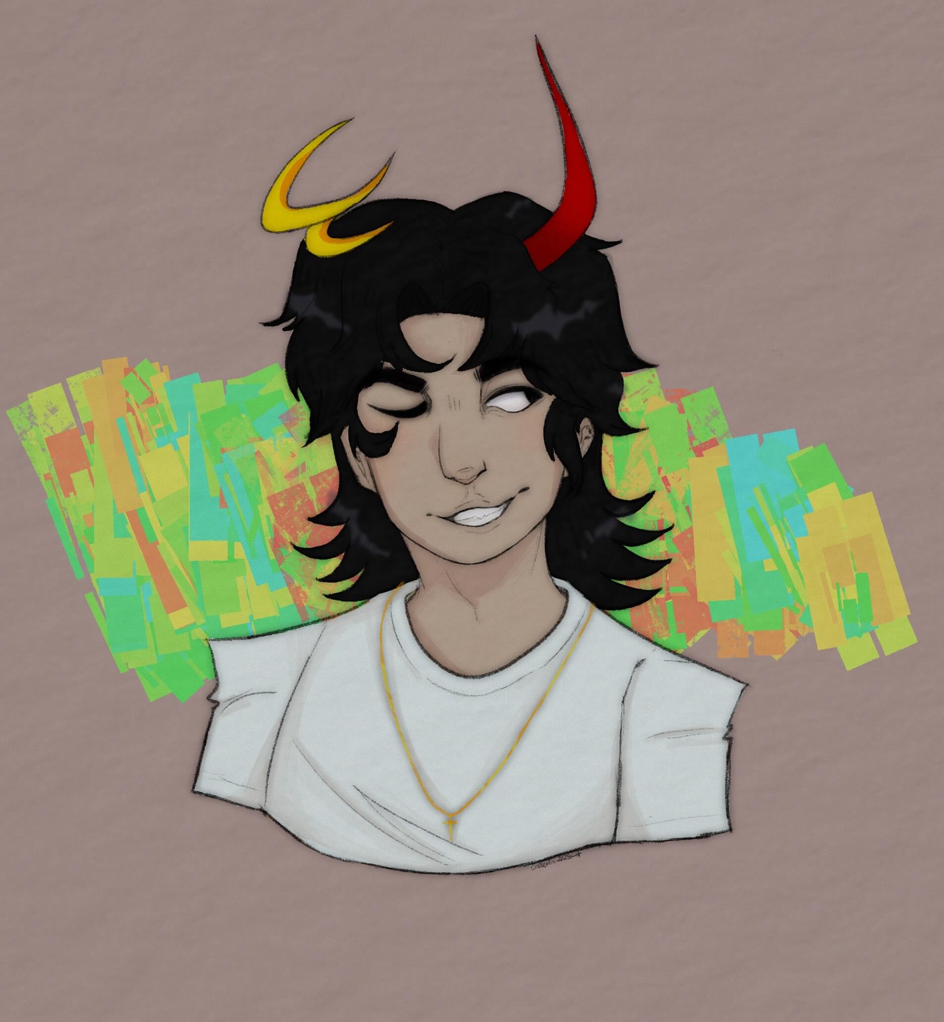 A bust of a character with medium length black hair, a red horn, and a spiral gold halo wearing a white shirt