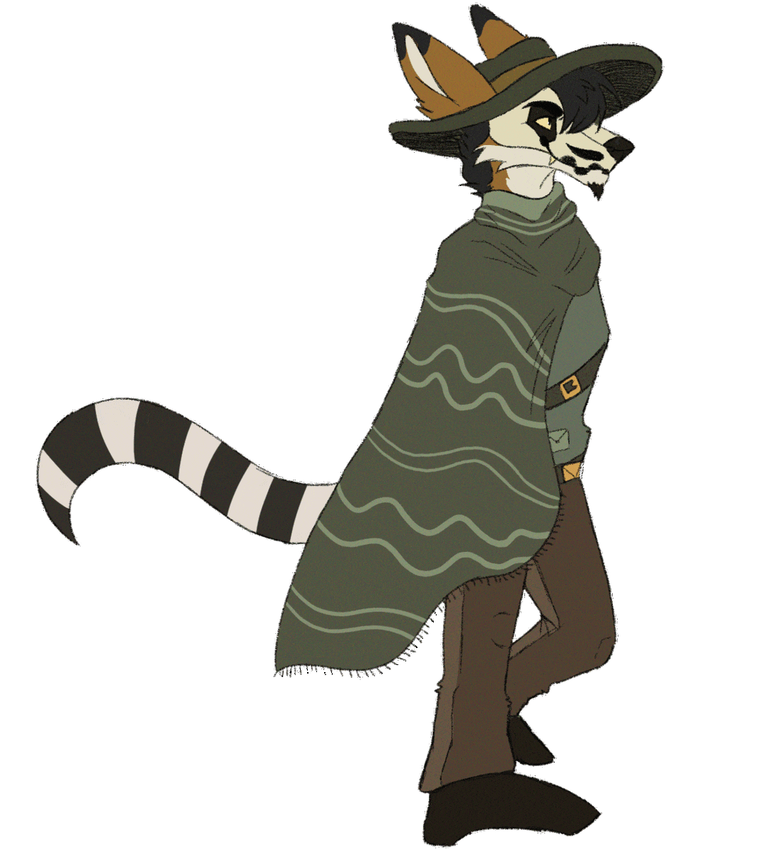 A gif of a maned wolf with a black and white stripped tail, skeletal face, and wearing a green wide brimmed hat, brown pants and a green striped cape, and green long sleeve dress shirt walking