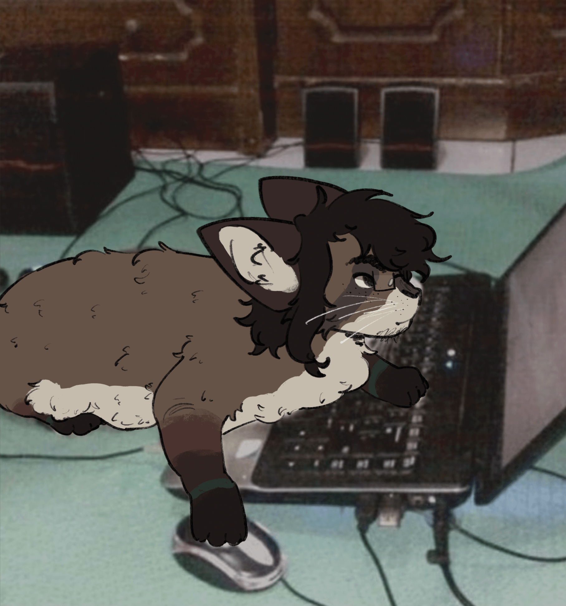 A drawing of a brown and cream colored cat with long black hair laying down using a mouse and looking at a laptop