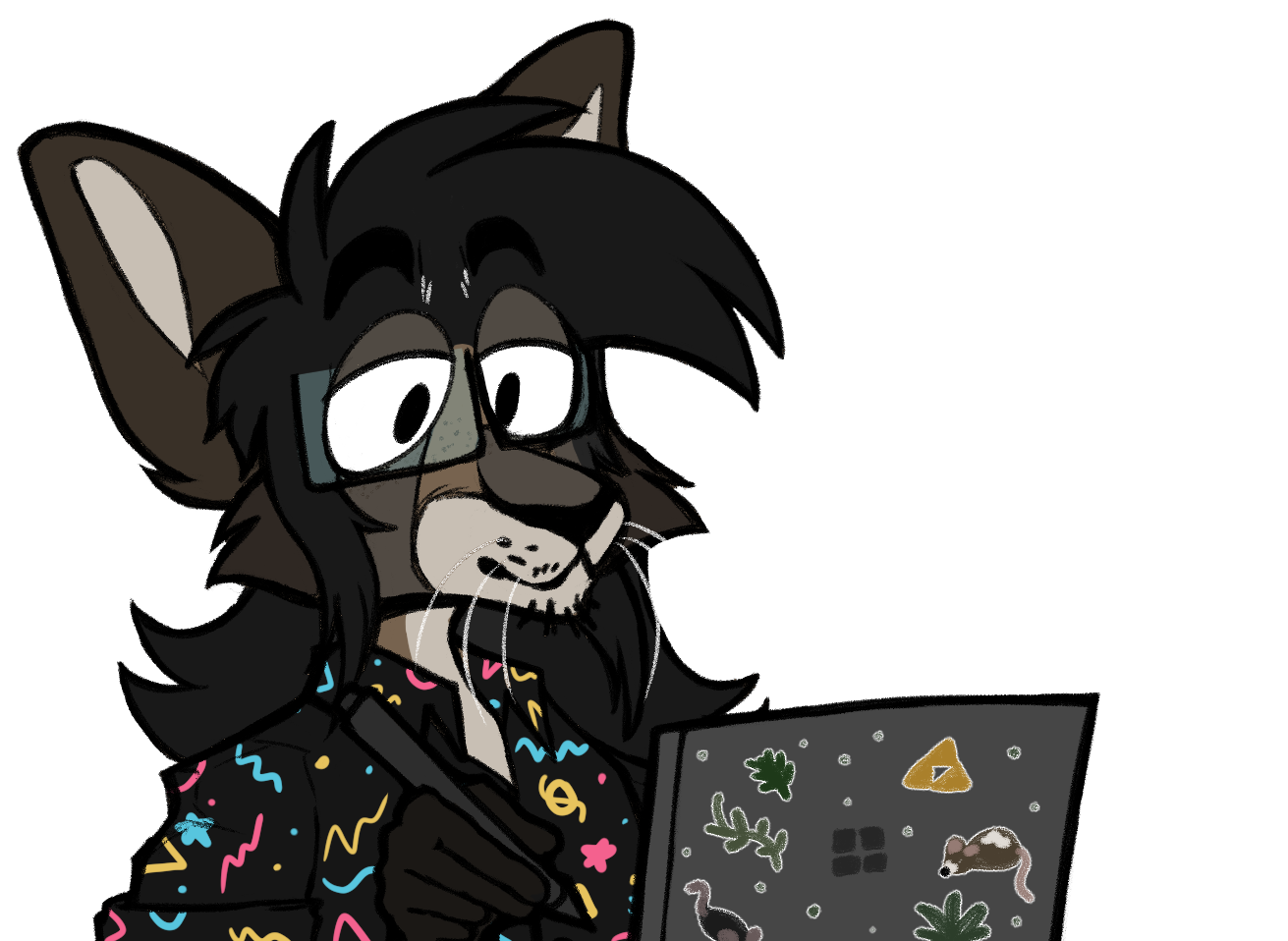 A drawing of my fursona, a brown and cream oriental shorthair with mid length black hair and glasses, using a touch screen laptop to draw