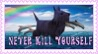 a dog from ocarina of time on a photo of clouds and rainbows that says; never kill yourself