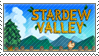 Pixel art of mountains and a tree with a chicken on a fence and the text stardew valley