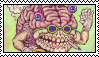 A brain with eyes, a skeletal mouth,and muscular arms waving on a green background