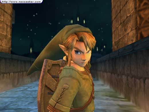 A halfbody screenshot of link in twilight princess on a bridge at night facing the viewer