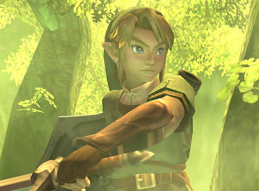 A halfbody screenshot of link in twilight princess in a green forest