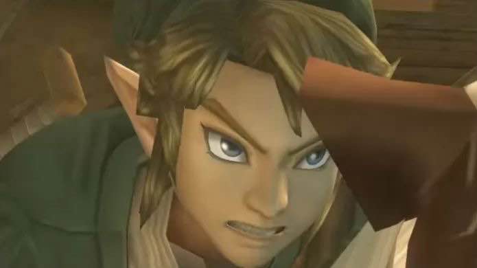 A bust screenshot of link from twilight on Epona looking angry