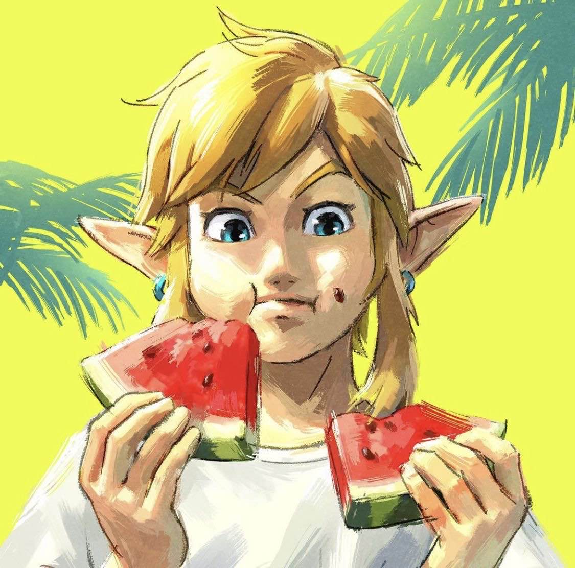 a halfbody drawing of tears of the kingdom link eating watermelon