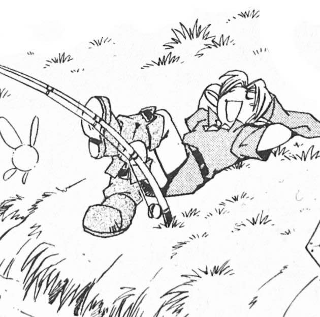 A fullbody manga panel of ocarina of time child link kicking back in the grass fishing