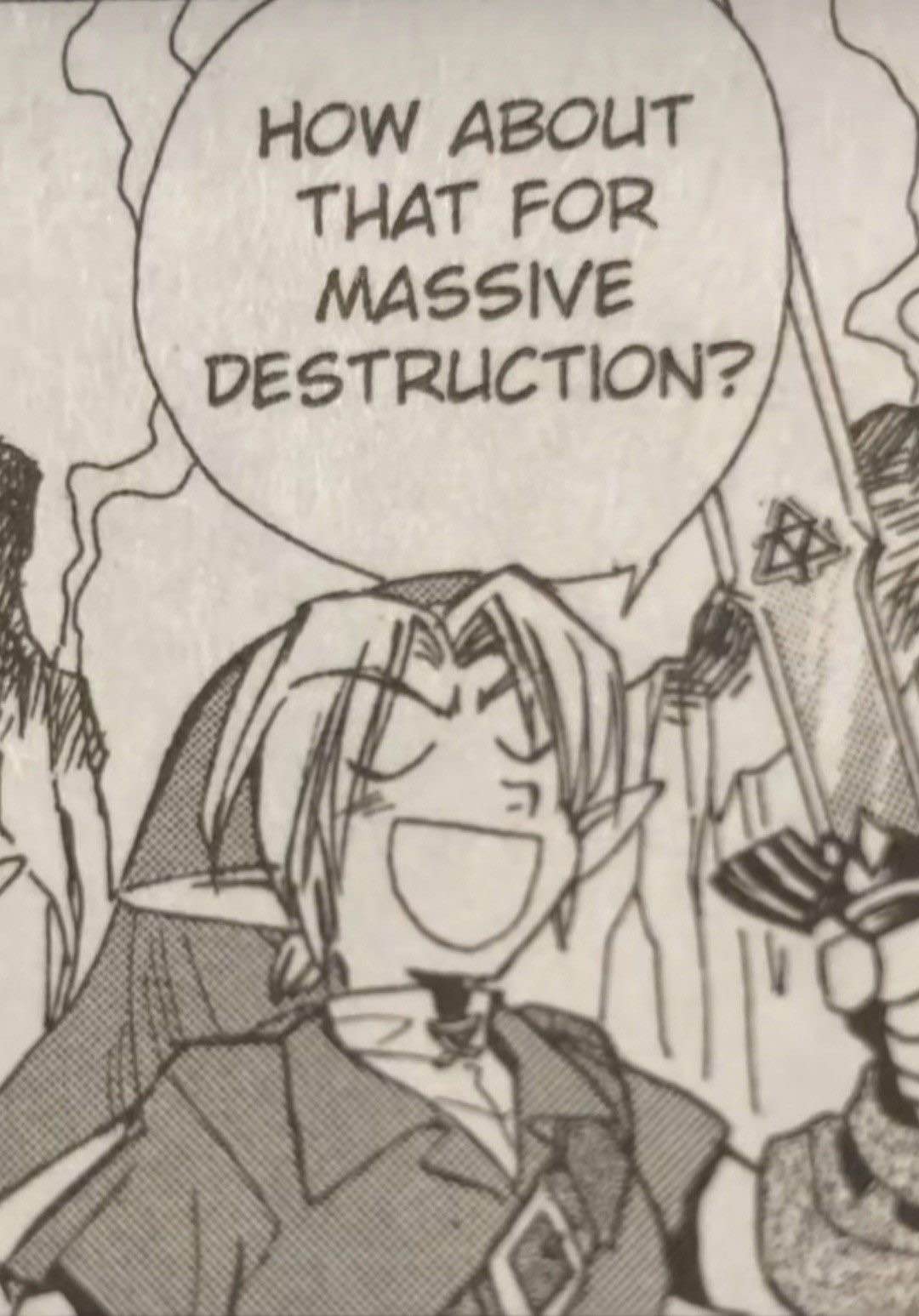 A bust manga panel of ocarina of time adult link saying how about that for massive destruction?