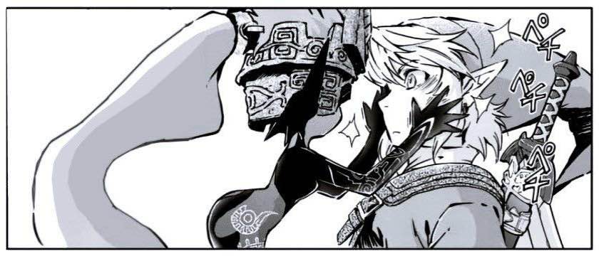 A twilight princess manga panel of imp midna puttinng her hands on links face