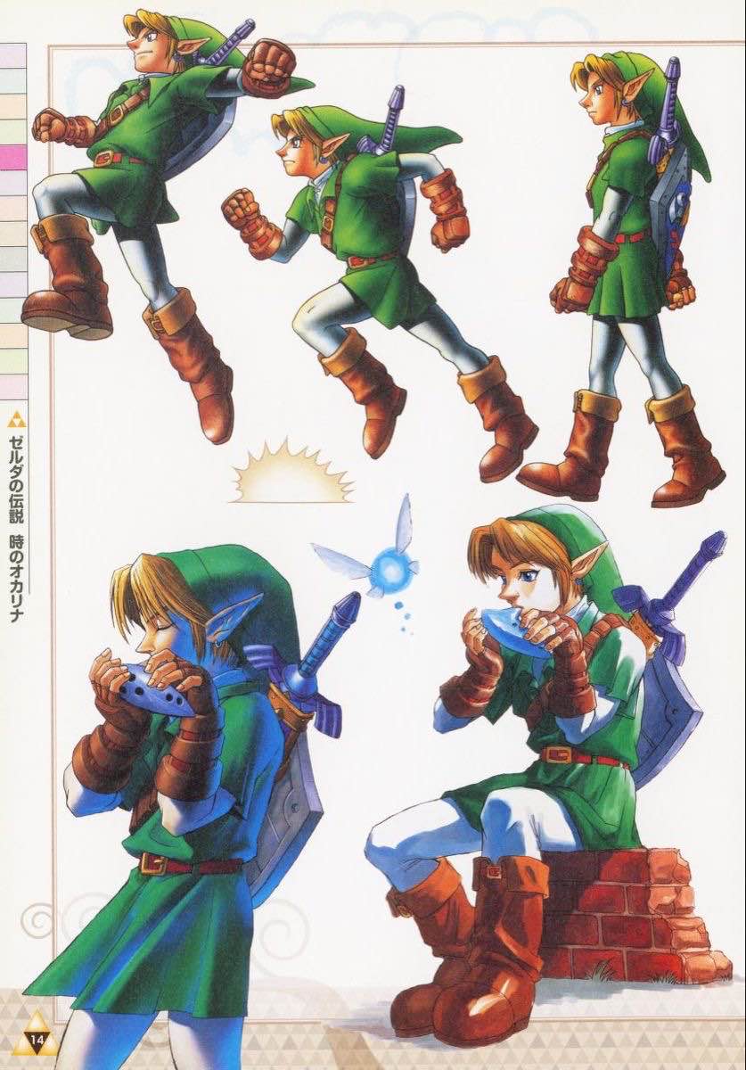 A page of various different concept art of adult link from ocarina of time in various poses and using an ocarina