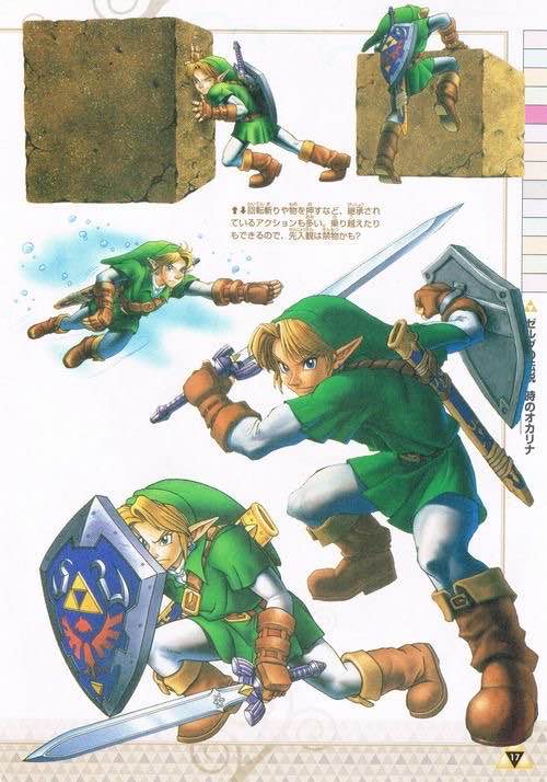 A page of various different concept art of adult link from ocarina of time in various poses