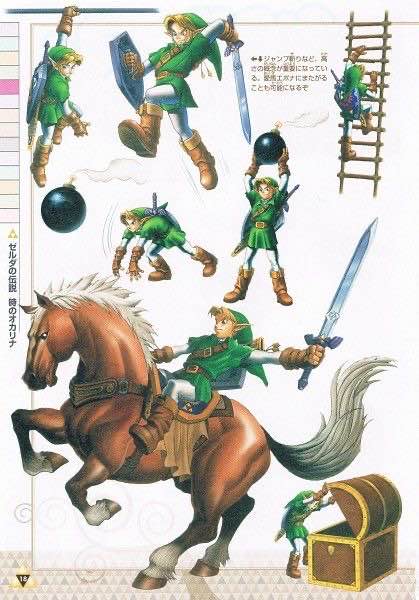 A page of various different concept art of adult link from ocarina of time with various weapons and riding epona