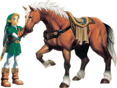 a drawing of ocarina of time link standing next to and petting epona