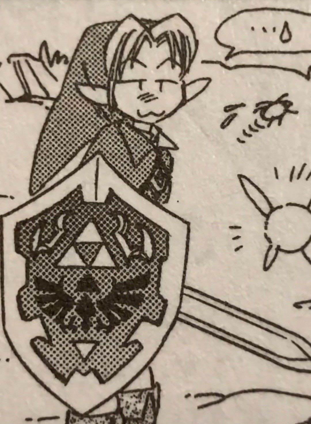 A fullbody manga panel of ocarina of time adult link looking smug