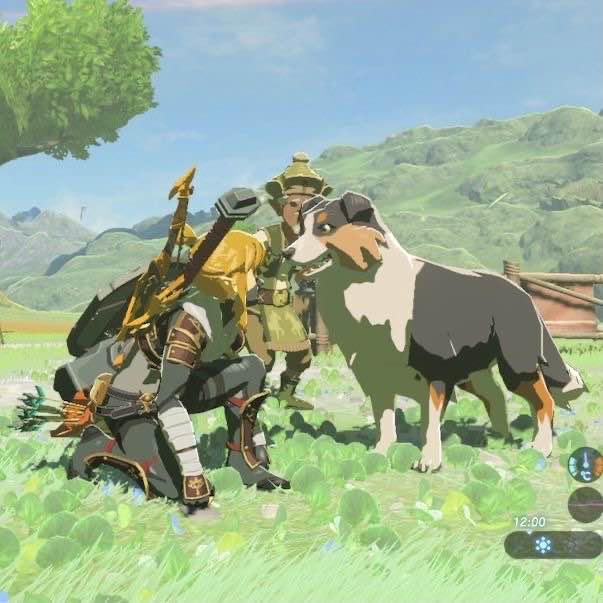 A fullbody screenshot of link in breath of the wild outside with a hylian retriever