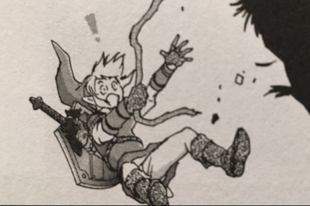 A twilight princess manga panel of link loosing his grip while climbing a mountain