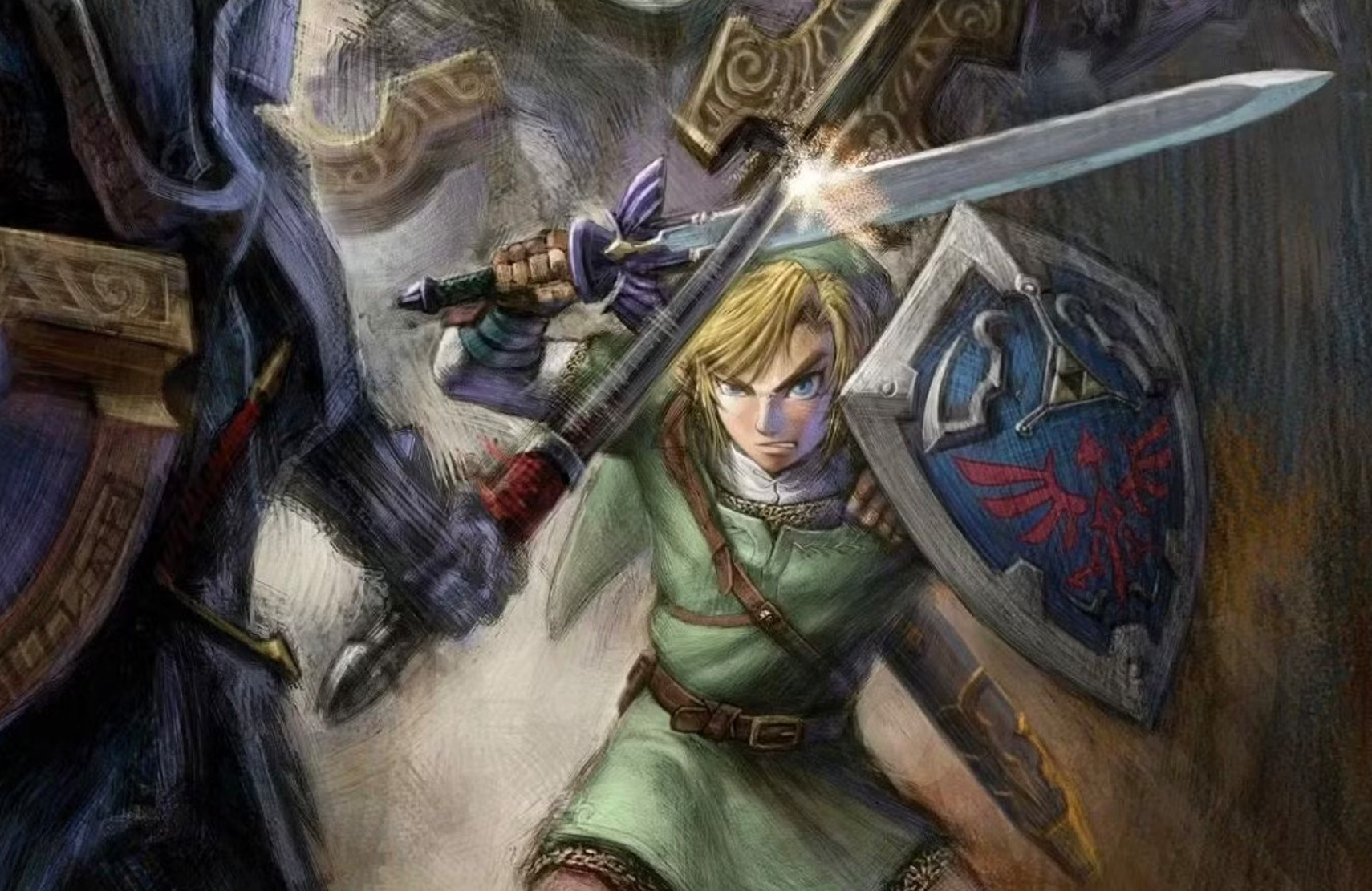 A twilight princess drawing of link fighting a darknut