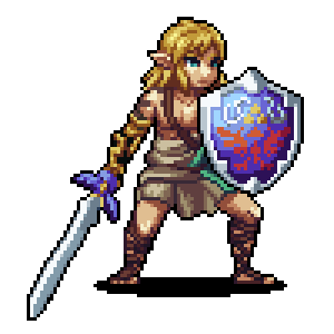 Pixel art of Link from Tears of the Kingdom moving side to side holding a sword