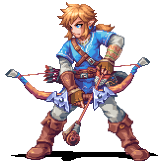 pixel art of Link from the legend of zelda breath of the wild holding a bow at his side