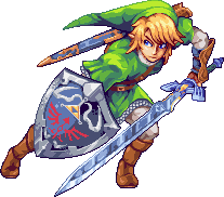 pixel art of Link from twilight princess to the side and holding a sword