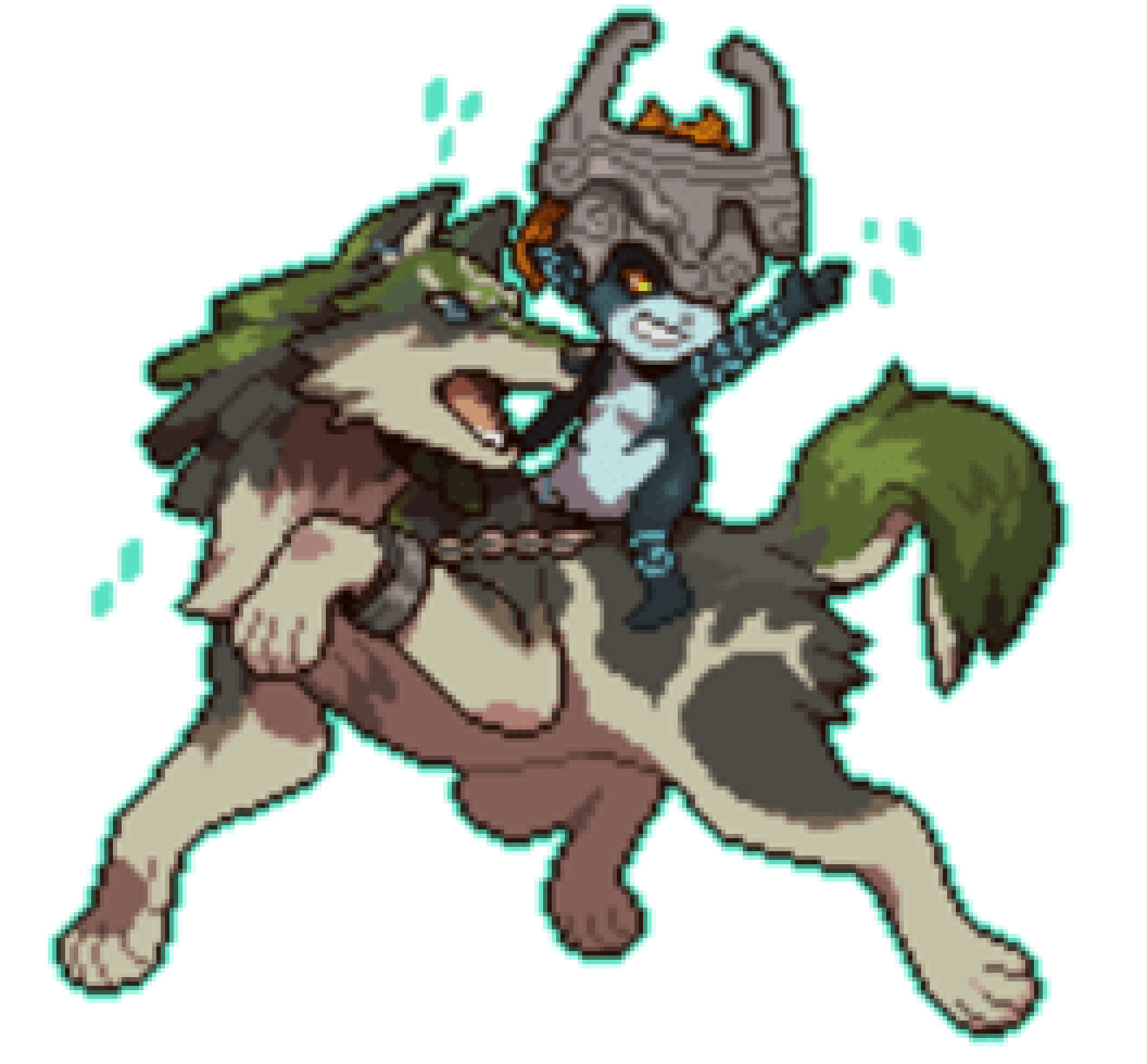 pixel art of wolf link, a brown wolf with a white chest and green back, with midna, a small grey and teal imp, riding on his back