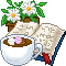 a plant, book, and cup all together