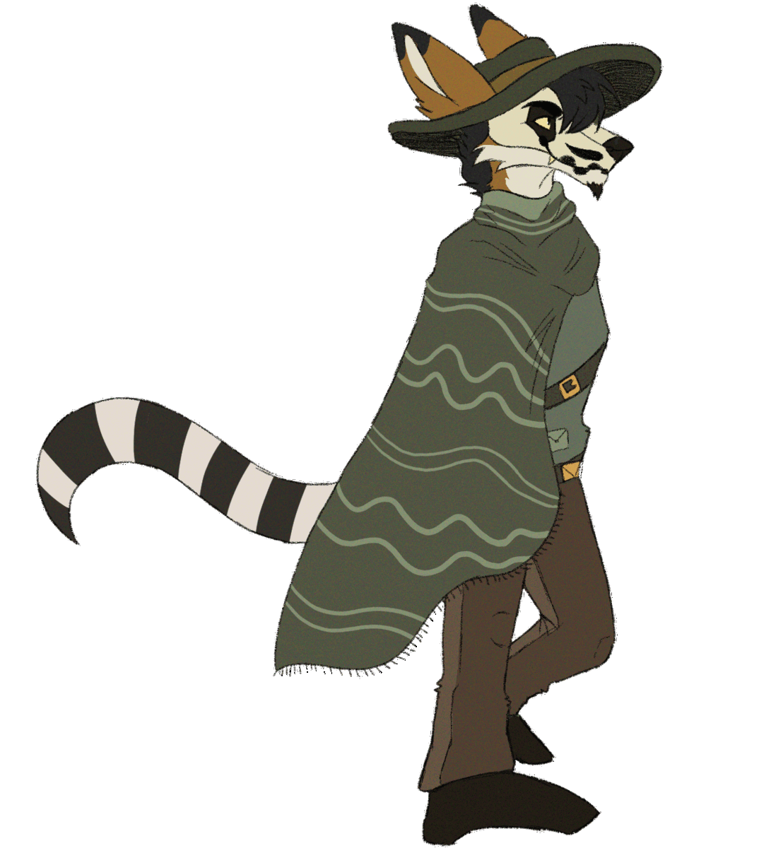 A fullbody flatcolor walkcycle animation of a maned wolf with a skeletal face, yellow eyes, a stripped black and white long tail, and facial hair with a fang sticking out smiling. He is wearing a sage green wide brimmed hat, cloak, and button up, and dark brown pants 